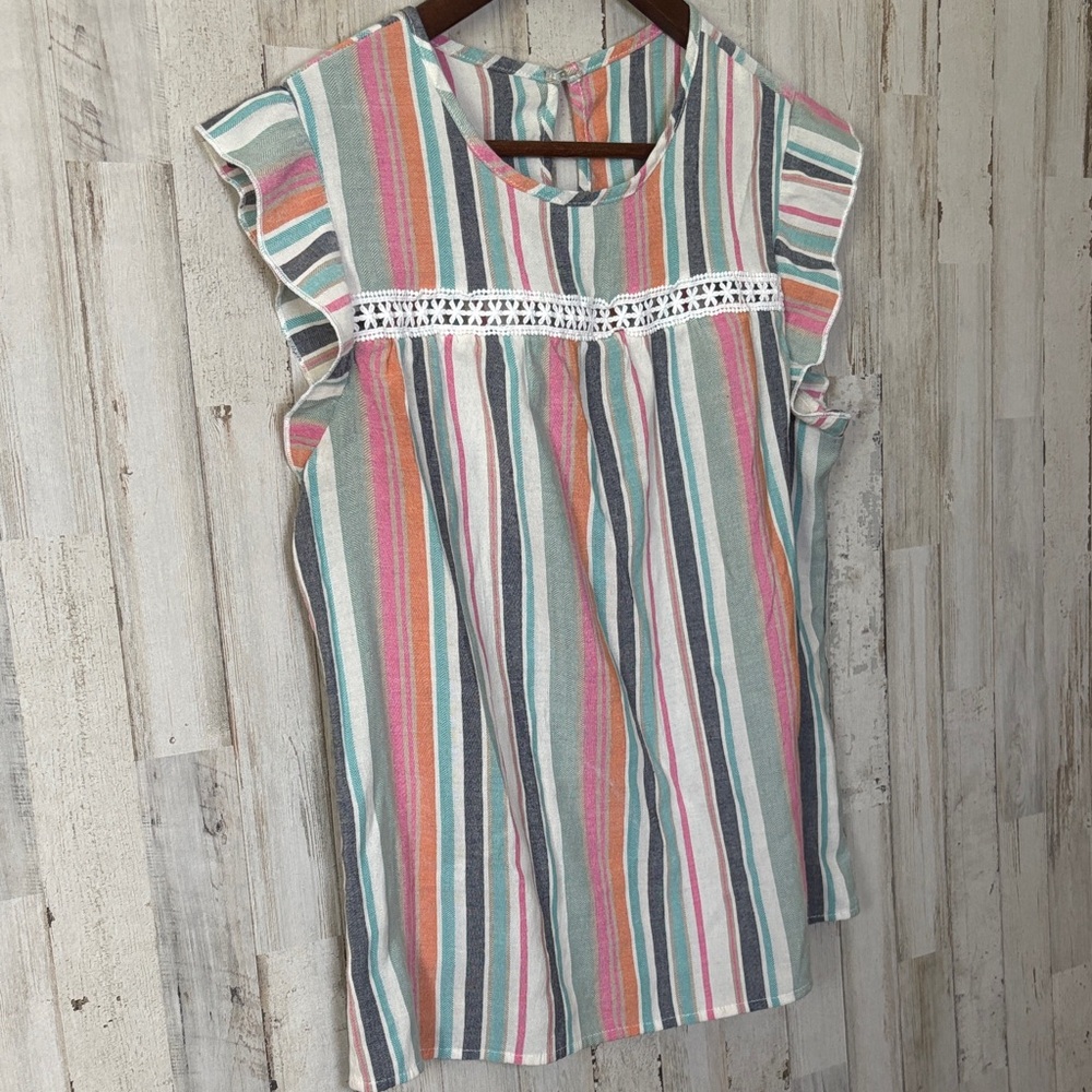 Sleeveless Multicolor Striped Flutter Top with Lace Trim